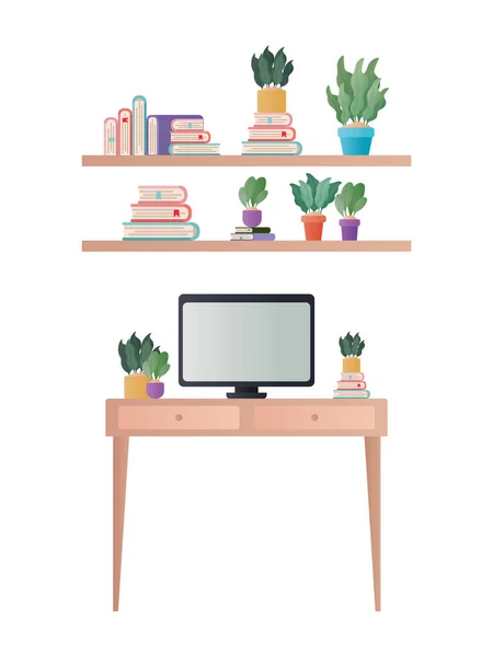 Schreibtisch mit Computer und Regale mit Pflanzen und Büchern Vektor-Design — Stockvektor