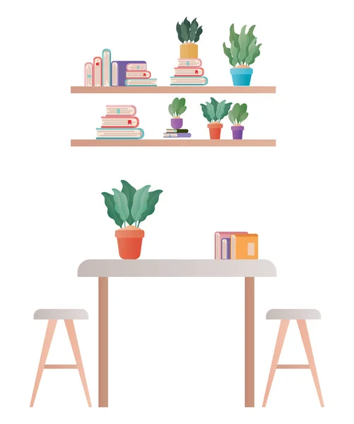 Tabela com cadeiras planta e livros design vetorial — Vetor de Stock