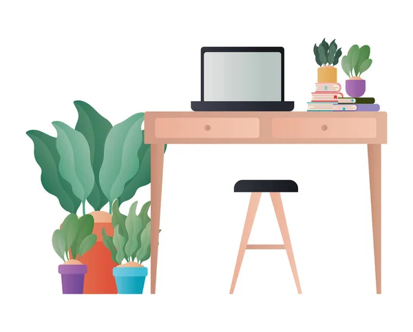 Stůl s notebooky rostlin a židle vektor design — Stockový vektor