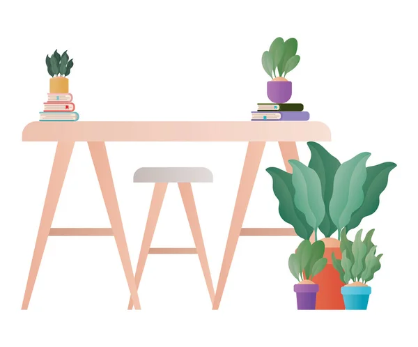 Стіл з книжками рослини і стілець векторний дизайн — стоковий вектор