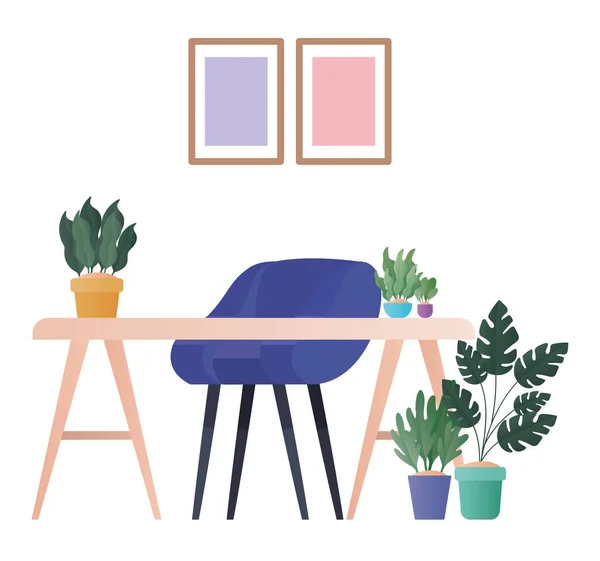 Bureau avec livres plantes et chaise design vectoriel — Image vectorielle