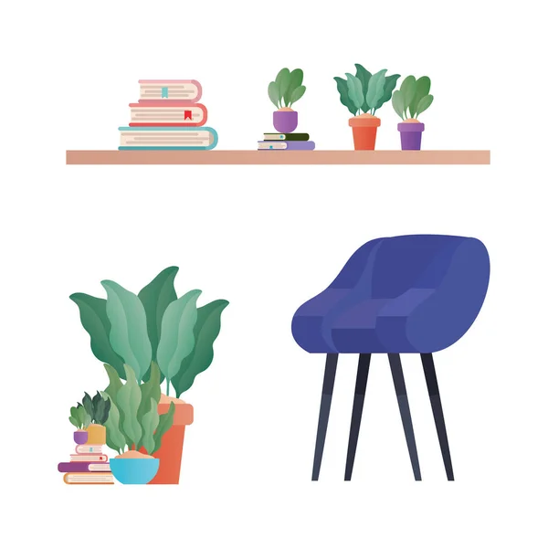 Синій стілець і полиця з книгами і рослинами Векторний дизайн — стоковий вектор
