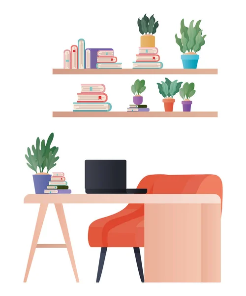 Bureau avec ordinateur portable et plantes design vectoriel — Image vectorielle