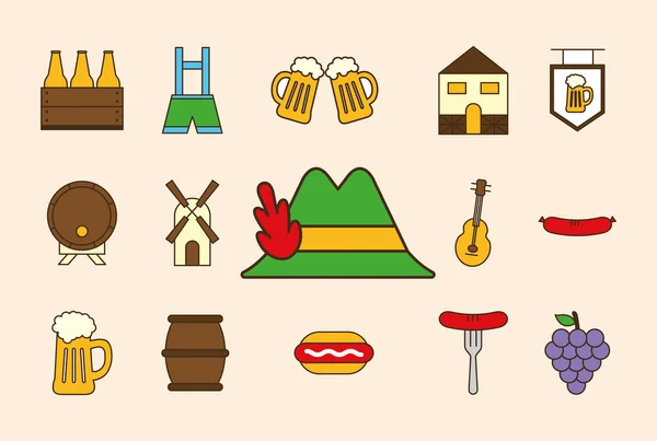 Oktoberfest line und fill style set icons vektordesign — Stockvektor