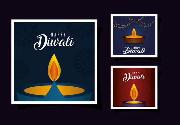 Happy diwali kaarsen in frames vector ontwerp — Stockvector