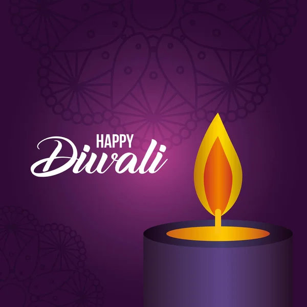 Happy diwali kaars op paars met mandala achtergrond vector ontwerp — Stockvector