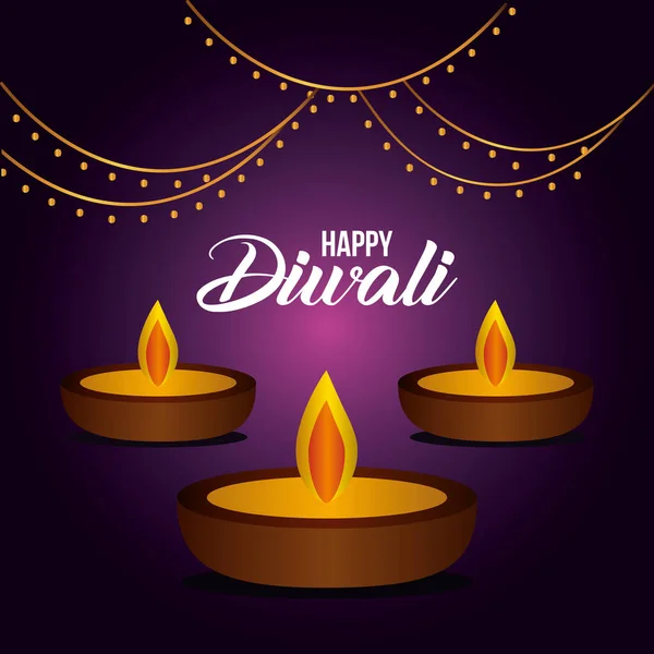 Happy diwali kaarsen op paarse achtergrond vector ontwerp — Stockvector