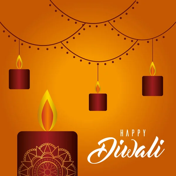 Happy diwali kaarsen op oranje achtergrond vector ontwerp — Stockvector