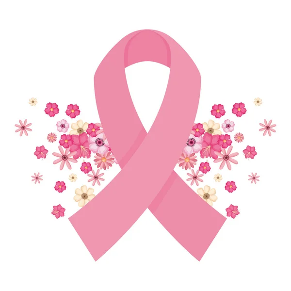 Ροζ κορδέλα με λουλούδια από το σχεδιασμό φορέα ευαισθητοποίησης του καρκίνου του μαστού — Διανυσματικό Αρχείο