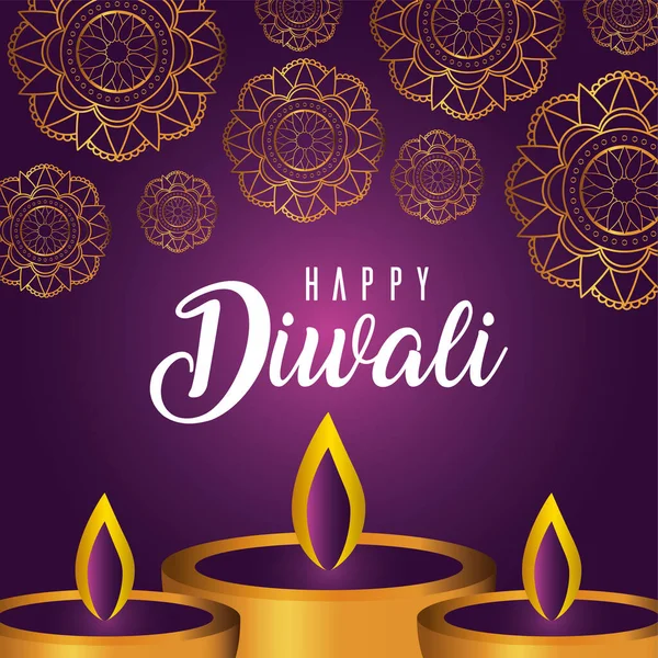 Happy diwali kaarsen op paars met mandala 's achtergrond vector ontwerp — Stockvector