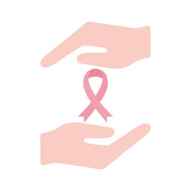 Eller arasında göğüs kanseri kurdelesi düz stil ikon vektör tasarımı