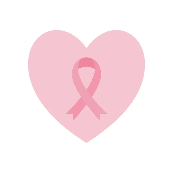 Kalp yassı ikon vektör tasarımında göğüs kanseri kurdelesi — Stok Vektör