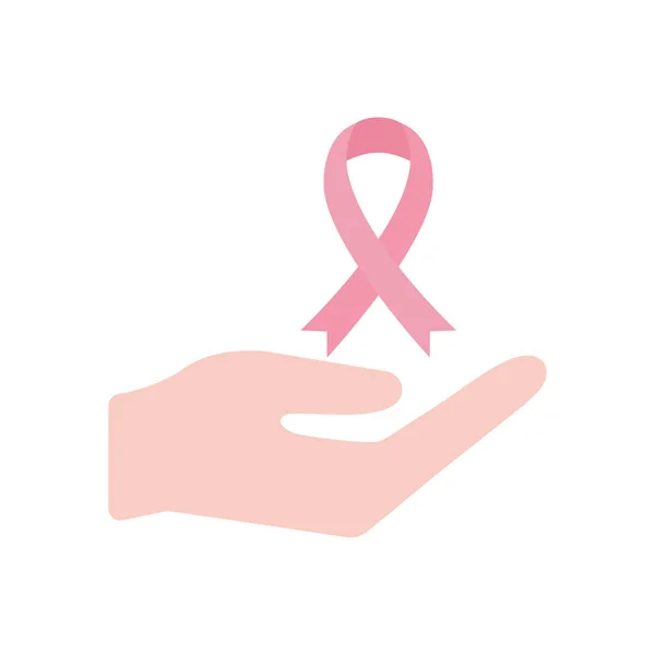 Breast cancer ribbon over hand flat style icon vector design — Stock Vector