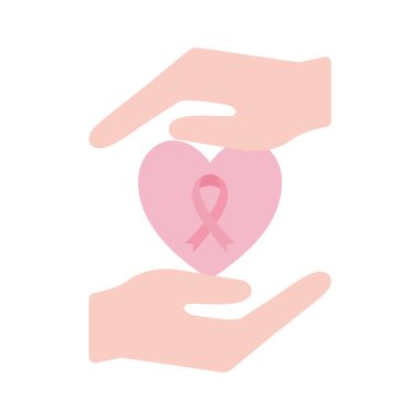 Eller arasında kalpte göğüs kanseri kurdelesi düz stil ikon vektör tasarımı