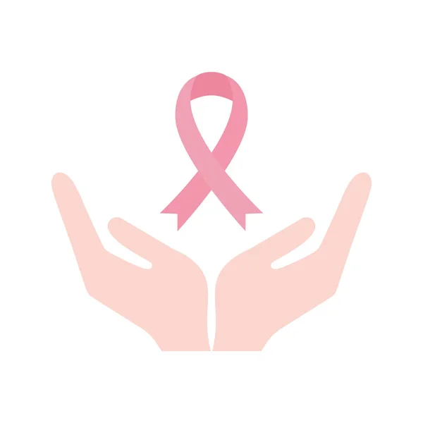 Breast cancer ribbon over hands flat style icon vector design — Stock Vector