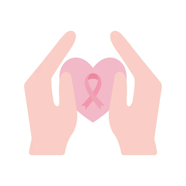 Breast cancer ribbon in heart between hands flat style icon vector design — Stock Vector