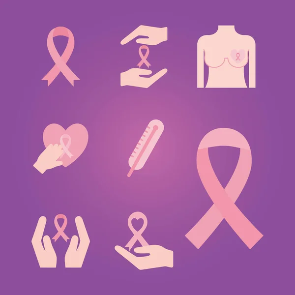 Cancro al seno stile piatto set di icone disegno vettoriale — Vettoriale Stock