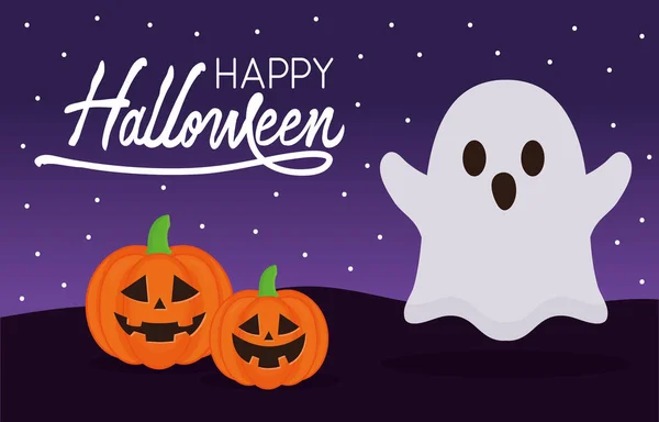 Halloween fantasma y calabazas dibujos animados con murciélagos diseño de vectores — Vector de stock