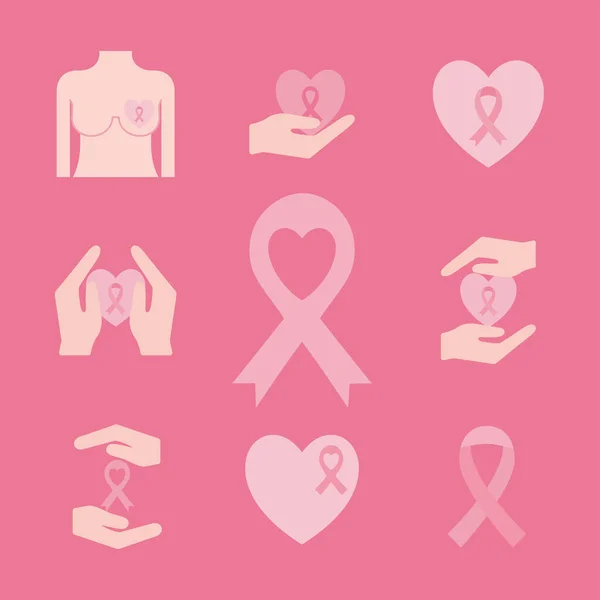 Cancro al seno stile piatto set icone disegno vettoriale — Vettoriale Stock