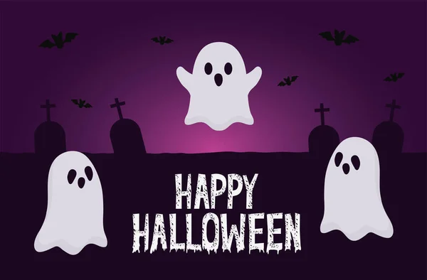 Halloween fantasmas dibujos animados con murciélagos en el cementerio diseño de vectores — Vector de stock