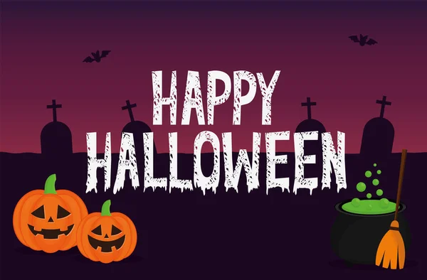 Halloween citrouilles dessins animés avec bol de sorcière à la conception vectorielle cimetière — Image vectorielle