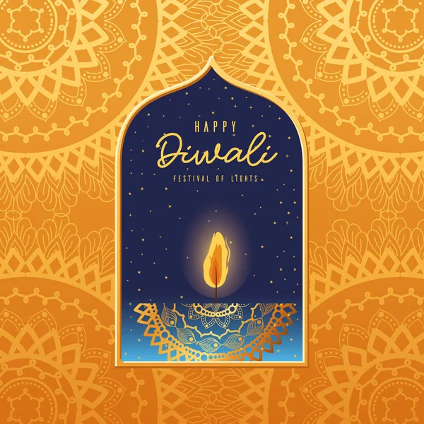 Felice candela diwali in cornice su arancione con mandala disegno vettoriale di sfondo — Vettoriale Stock