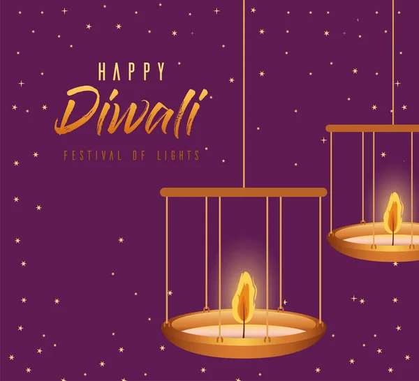 Glückliche Diwali hängende Kerzen auf lila Hintergrund Vektor-Design — Stockvektor