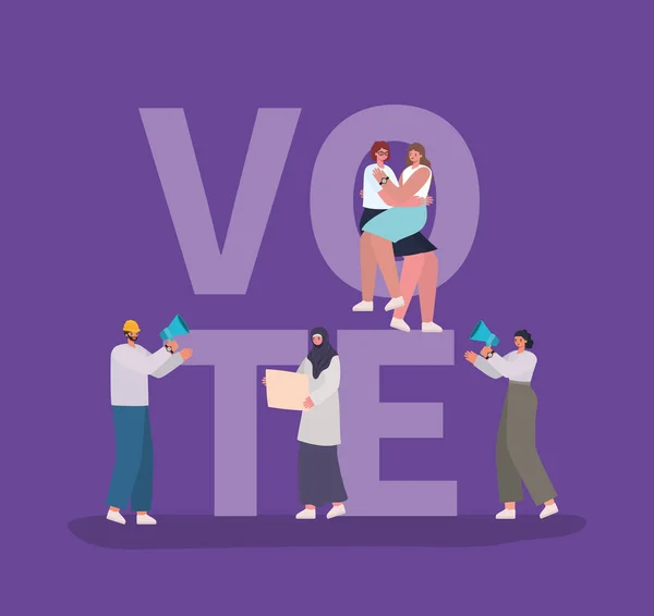 Ženy a muž karikatury s hlasovacími transparenty a megafonem vektorový design — Stockový vektor