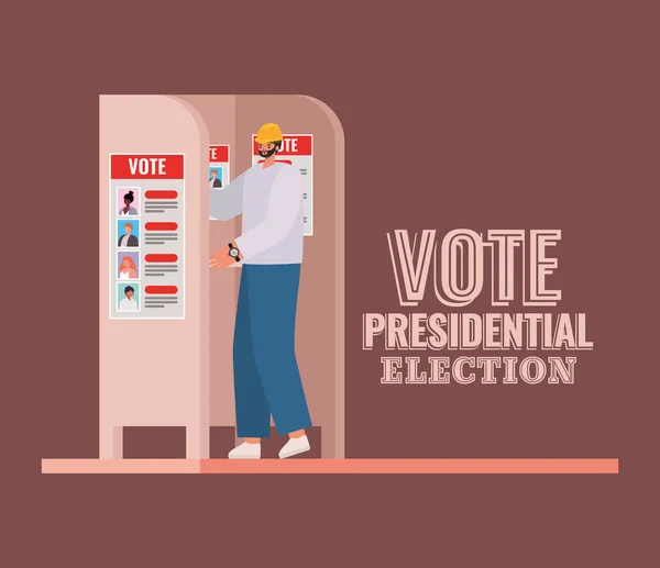 Man at voting booth with vote presidential election text vector design — Stock Vector