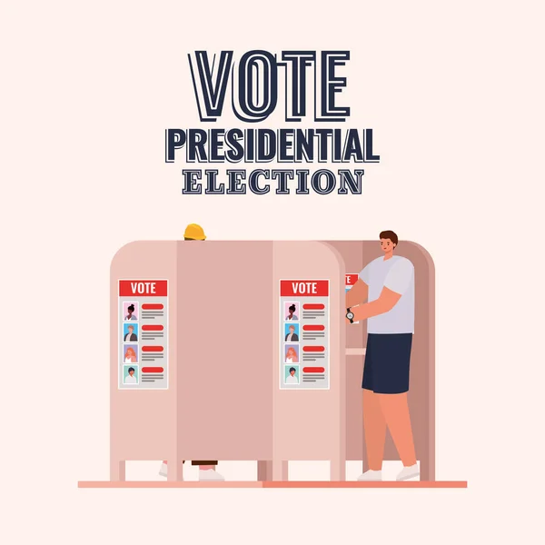 Hombre en cabina de votación con voto elección presidencial texto vector diseño — Archivo Imágenes Vectoriales