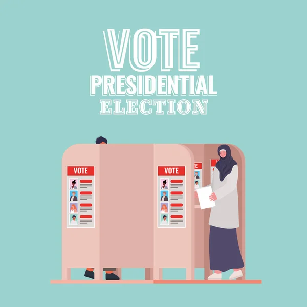 Muslim woman at voting booth with vote presidential election text vector design — Stock Vector