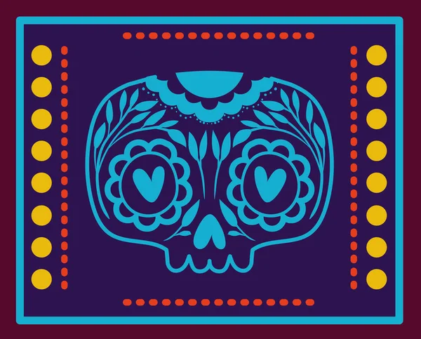 Mexicaanse schedel in frame op blauwe achtergrond vector ontwerp — Stockvector