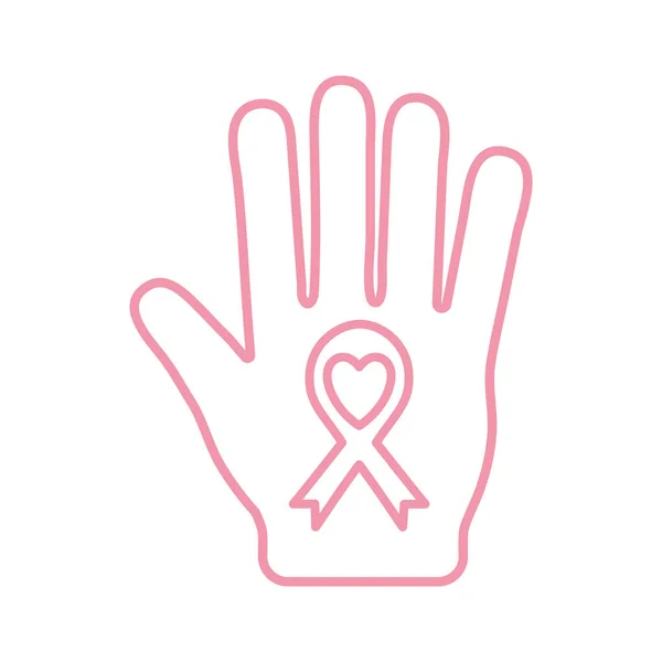 Breast cancer ribbon on hand line style icon vector design — Stock Vector