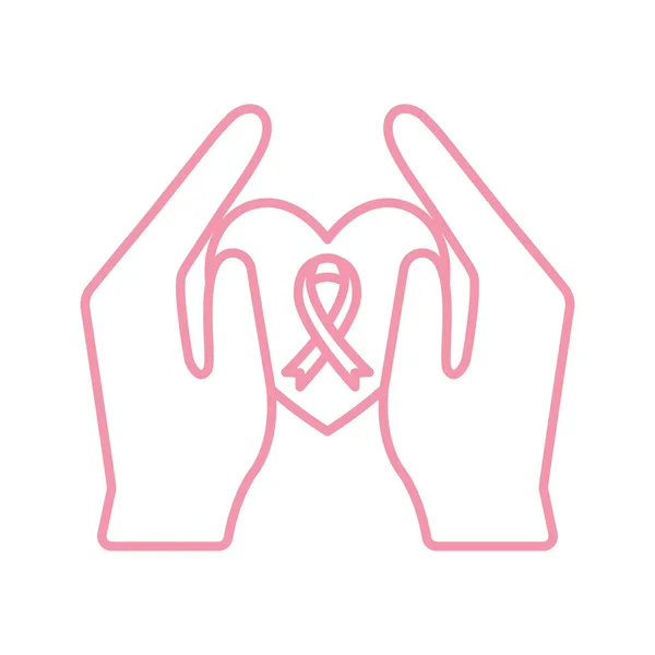 Breast cancer ribbon in heart between hands line style icon vector design — Stock Vector