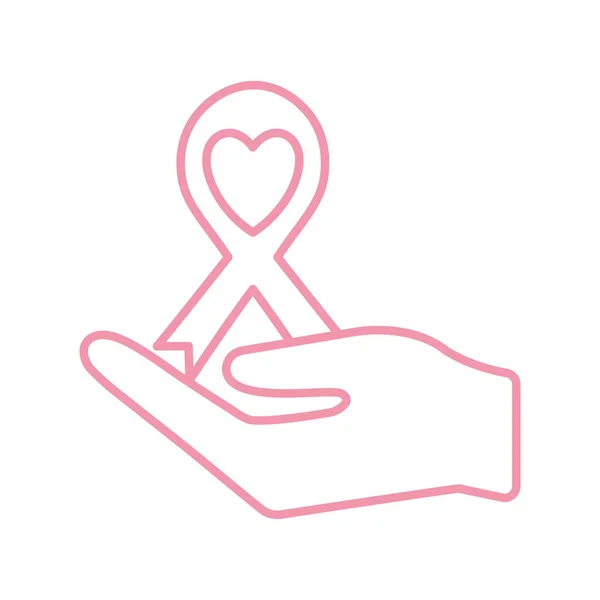 Breast cancer ribbon over hand line style icon vector design — Stock Vector