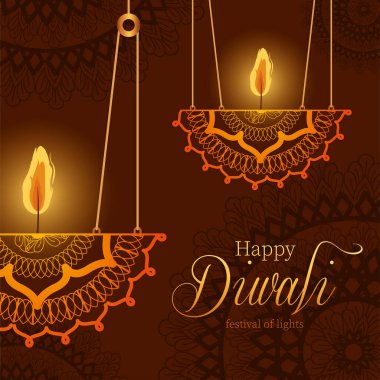 Kahverengi arkaplan vektör tasarımına mum asarken mutlu diwaliler.