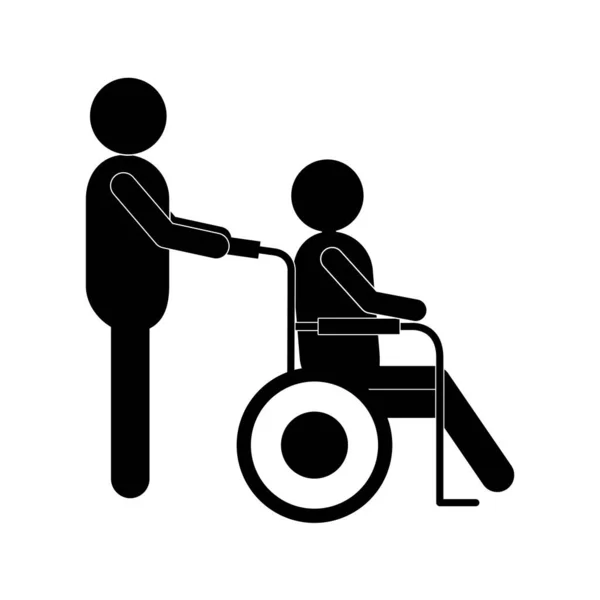 Homme aider les autres sur la silhouette en fauteuil roulant style icône vectoriel design — Image vectorielle