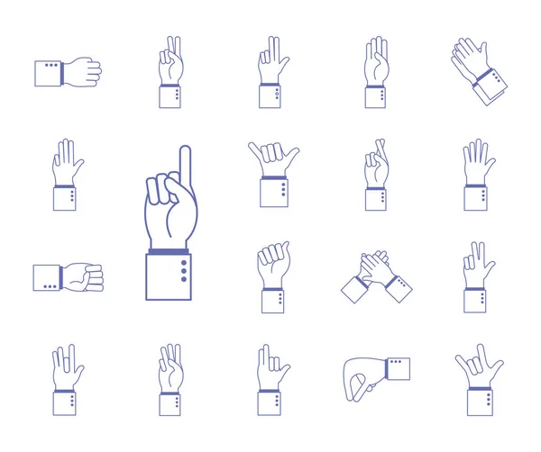 Handgebarentaal alfabet lijn en vul stijl set van pictogrammen vector ontwerp — Stockvector