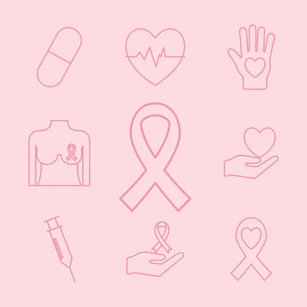 Línea de cáncer de mama estilo conjunto de iconos diseño de vectores — Vector de stock