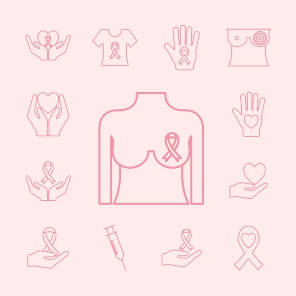Colección de estilo de línea de cáncer de mama de iconos diseño de vectores — Vector de stock