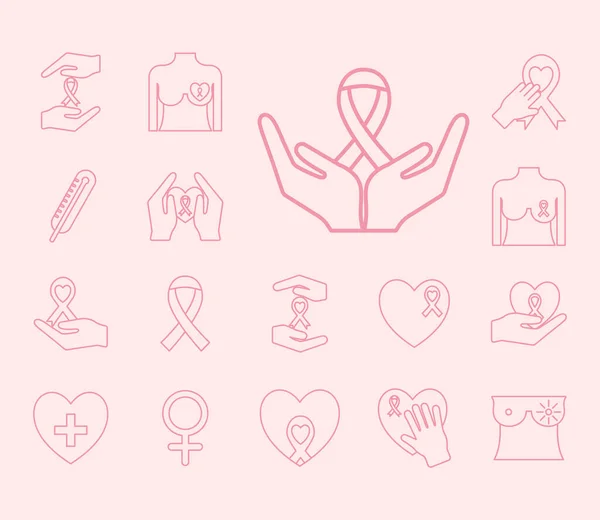 Línea de cáncer de mama iconos estilo colección vector de diseño — Vector de stock