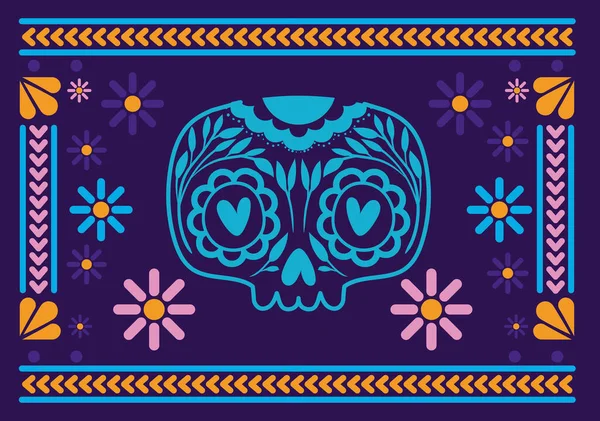 Mexicaanse schedel in frame op blauwe achtergrond vector ontwerp — Stockvector