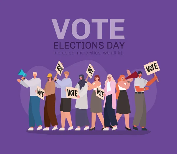 Ženy a muži karikatury s hlasovacími transparenty a megafony na fialovém pozadí vektorové design — Stockový vektor
