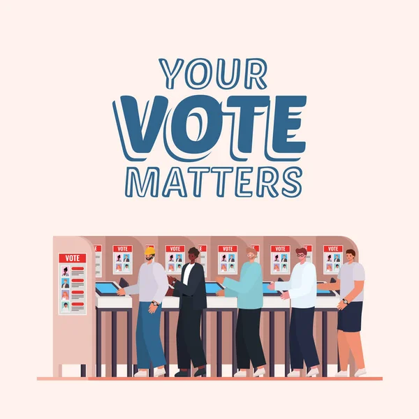 Oy verme kabinindeki erkekler oy verme meseleleri metin vektör tasarımı — Stok Vektör