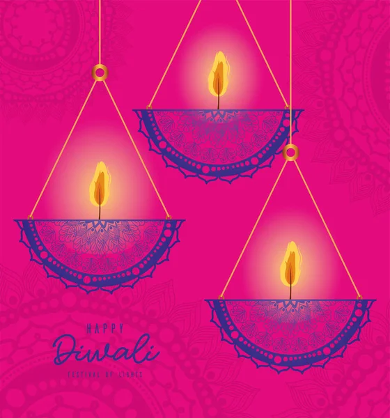 Felice diwali appeso mandala candele su sfondo rosa disegno vettoriale — Vettoriale Stock