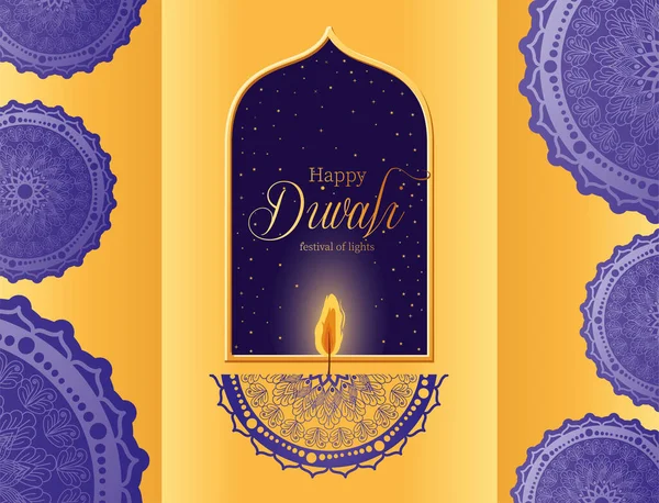 Candela felice mandala diwali con cornice e disegno vettoriale mandala blu — Vettoriale Stock