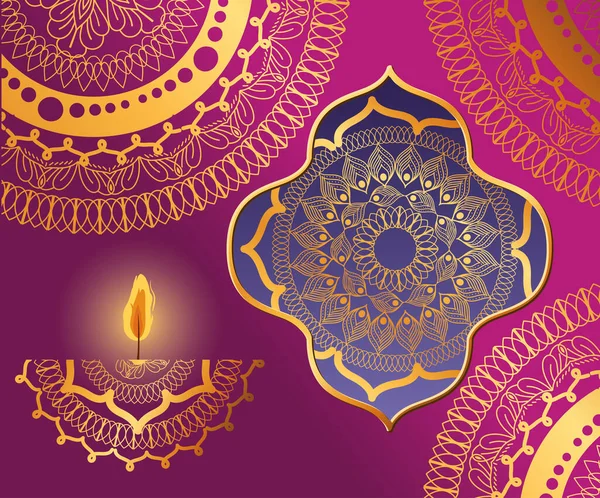 Feliz mandala diwali en el marco y la vela en el diseño de vectores de fondo rosa — Archivo Imágenes Vectoriales