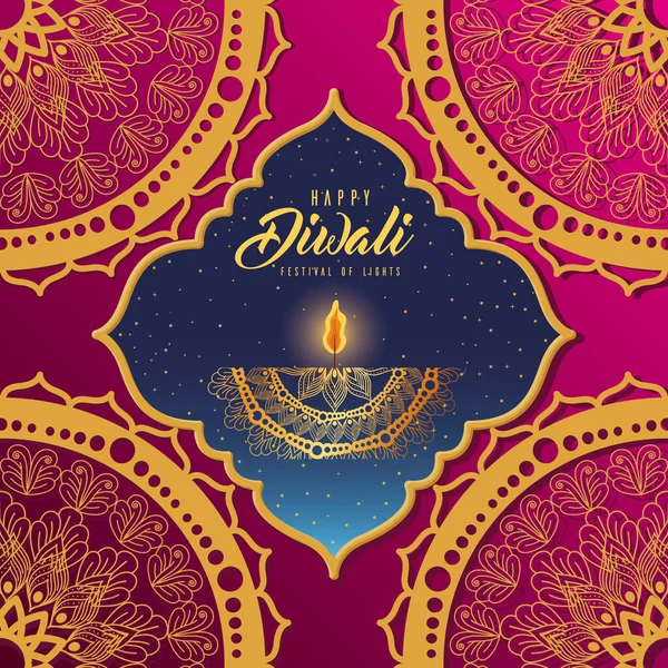 Happy diwali kaars in frame op roze met mandala 's achtergrond vector ontwerp — Stockvector