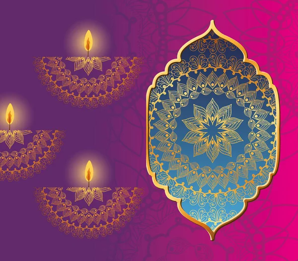 Mandala diwali heureux dans le cadre et les bougies sur fond rose conception vectorielle — Image vectorielle