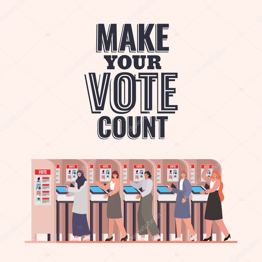 women at voting booth with make your vote count text vector design